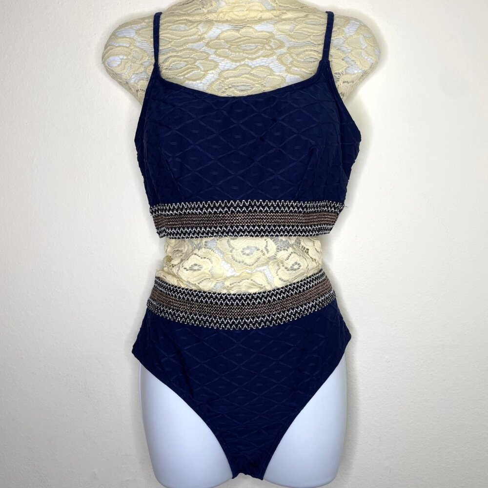 Womens Navy Blue Textured Two Piece Swimsuit Embroidered Waistband - Size L NWT